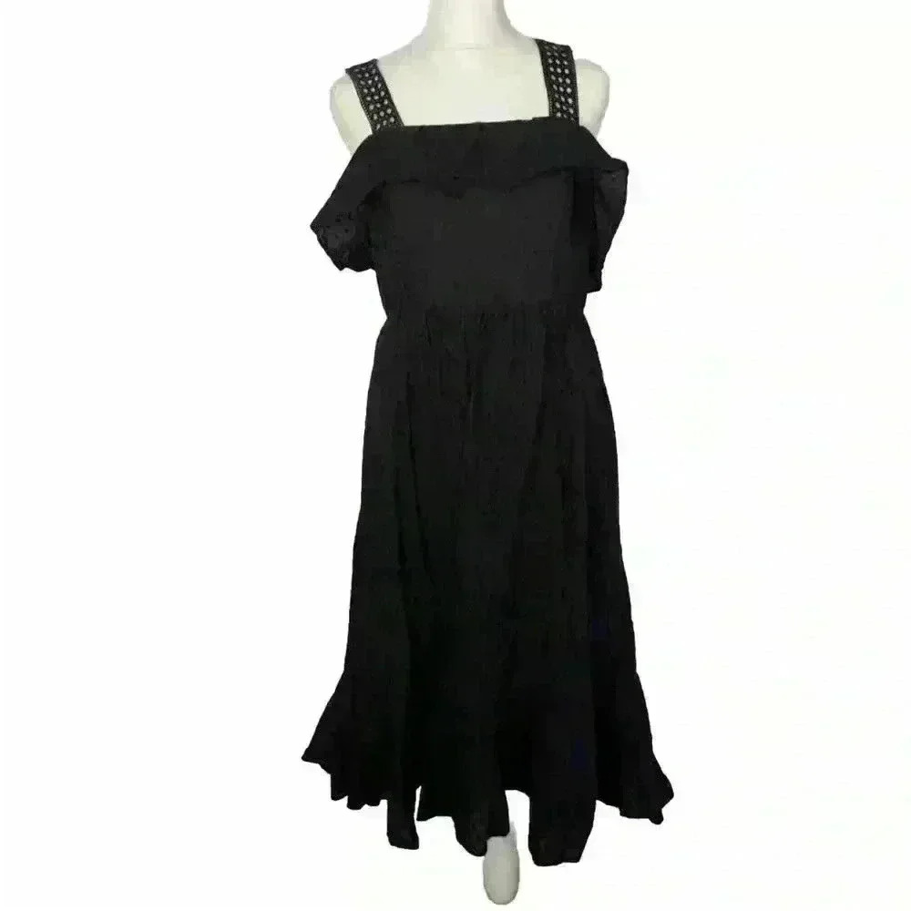 J. Crew Black Label Women's Size 10 Black Swiss Dot Smocked Tiered Midi Dress